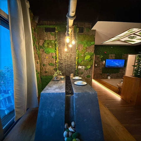 Nature-Inspired Cozy Living Room with Greenery and Leaf Ceiling Light for display purposes only (non-sale)