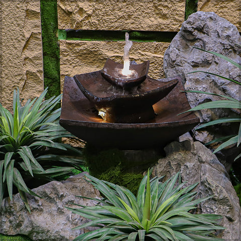 garden fountain with lights