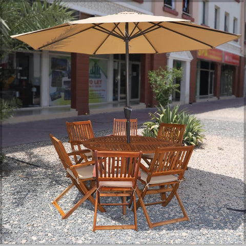 Elegant outdoor wooden furniture set with dining table and chairs