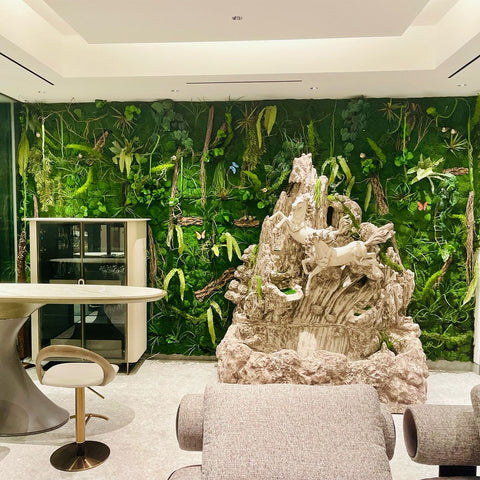 Modern Interior space with a Lush Green Wall and Intriguing Sculpture Centerpiece for display purposes only (non-sale)