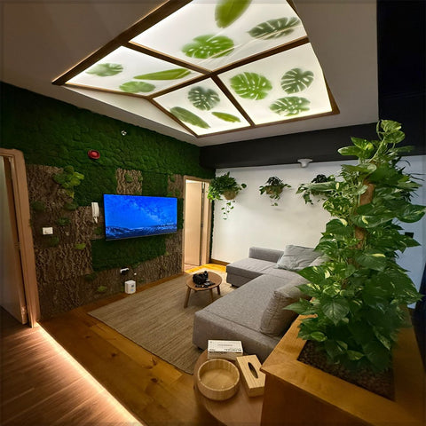 Nature-Inspired Cozy Living Room with Greenery and Leaf Ceiling Light for display purposes only (non-sale)