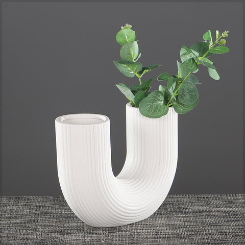 U-Shaped White Ceramic Vase – Modern Minimalist Double-Opening Sculpture