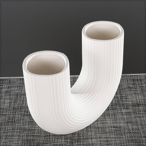 U-Shaped White Ceramic Vase – Modern Minimalist Double-Opening Sculpture