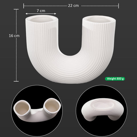 U-Shaped White Ceramic Vase – Modern Minimalist Double-Opening Sculpture