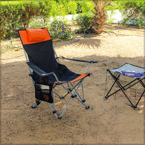 Portable camping chair with convenient cup holder and pillow